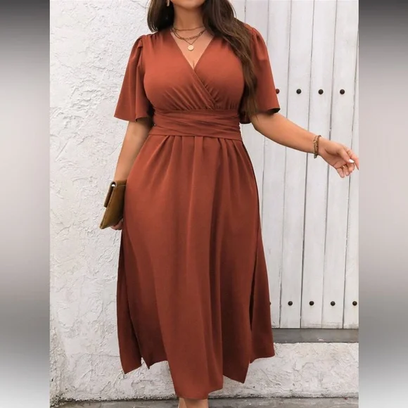 SHEIN Rust Brown “Wrap” Midi Dress - Picture 1 of 10